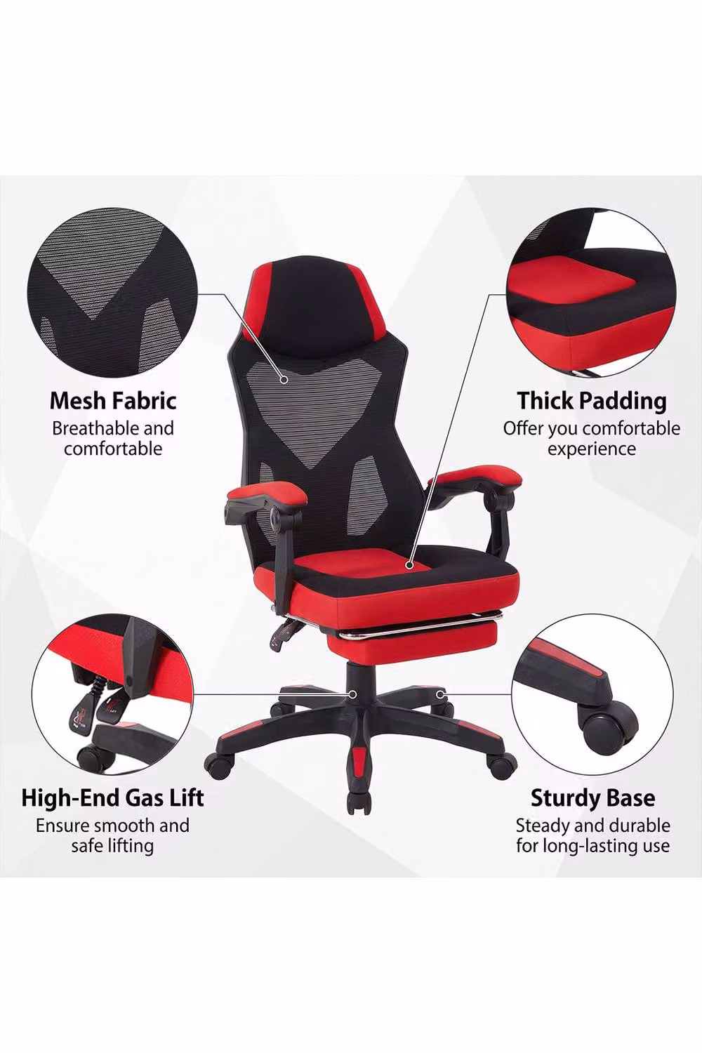 Living and Home Ergonomic High Back Gaming Office Chair with Footrest, Red and Black Fabric – 4
