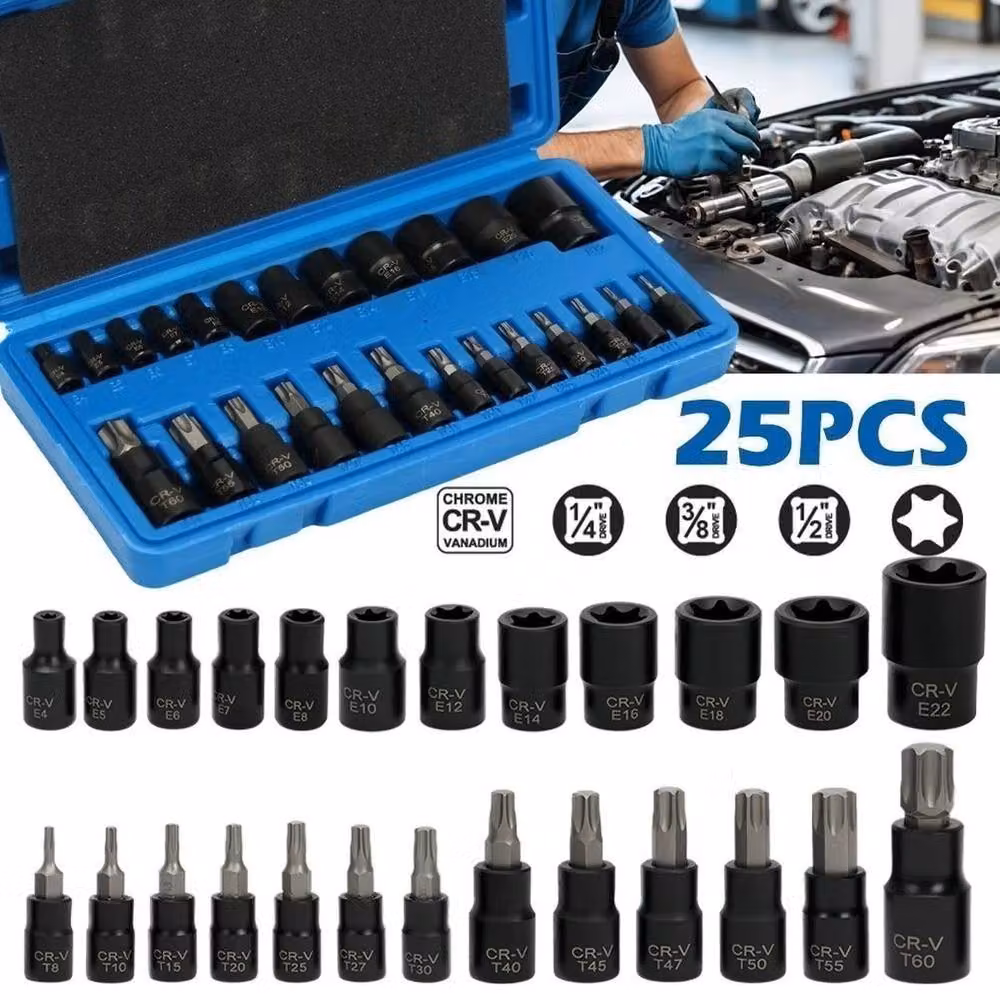 FLAVORA 25-Piece Torx and E-Torx Star Socket Bit Set, Black – 2