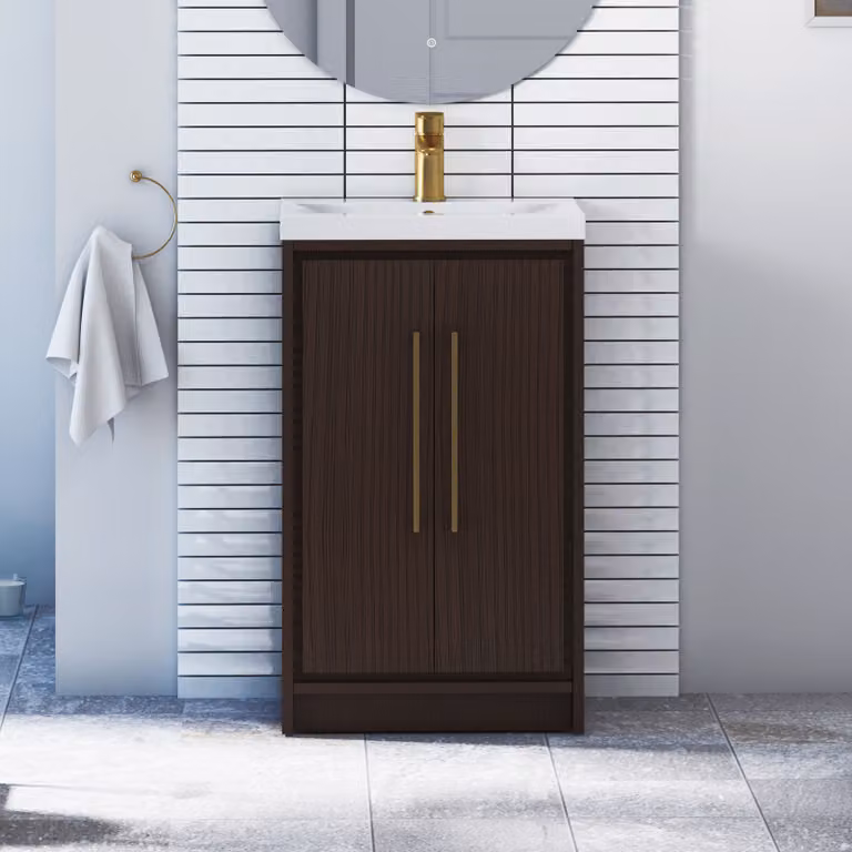 Livora 500mm Walnut Woodgrain Floor Standing 2 Door Bathroom Vanity Unit with Mid-Edge Basin and Brushed Brass Handle