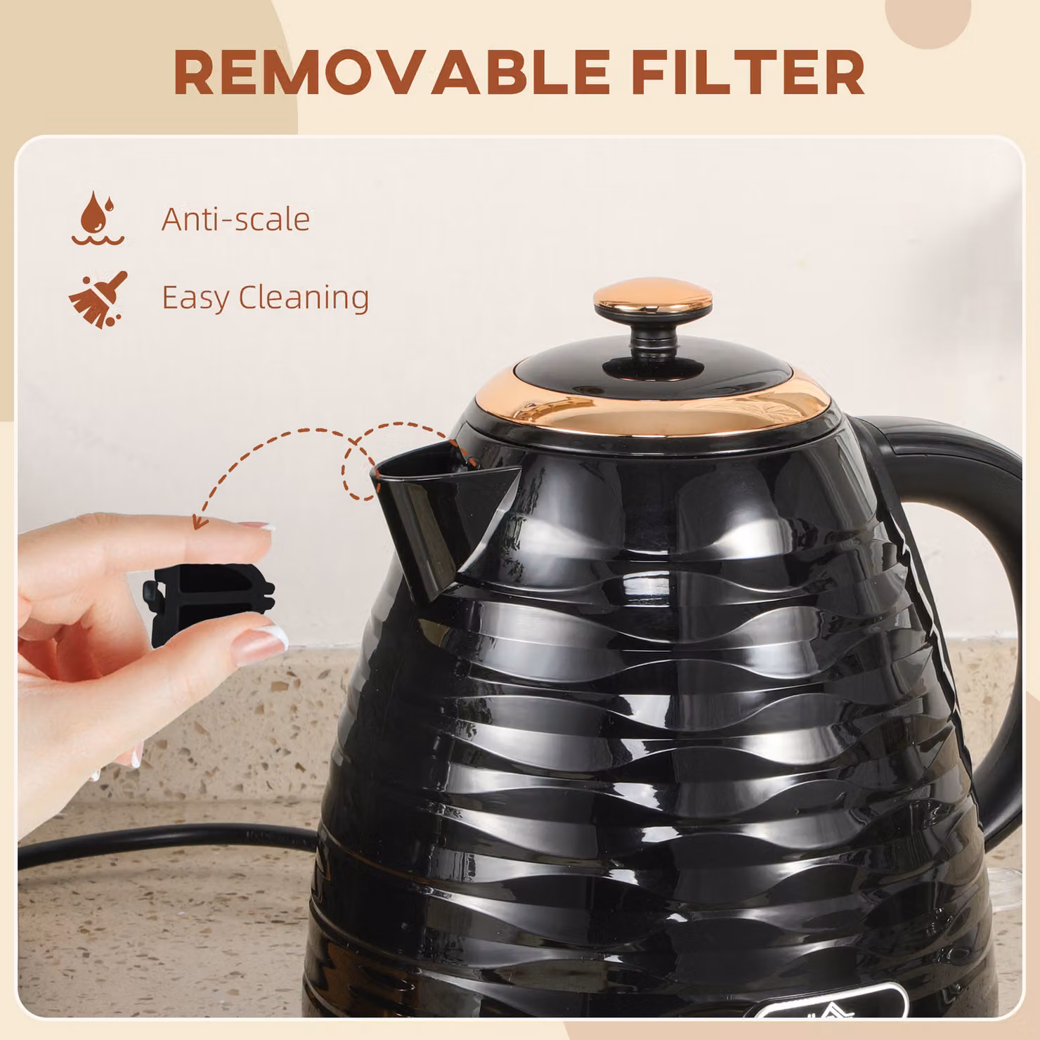 HOMCOM Electric Kettle, 1.7 l, Black with Removable Anti-scale Filter and Auto Shut-off – 6