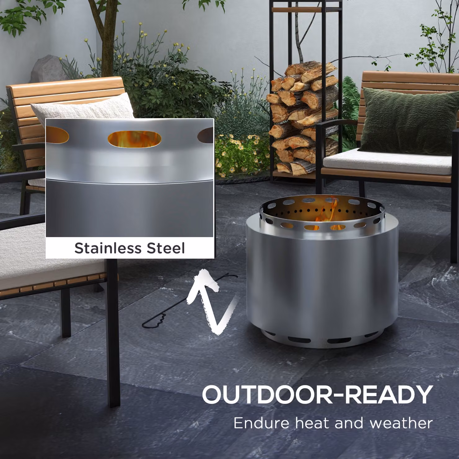 Outsunny Smokeless Wood Burning Fire Pit in Silver Stainless Steel, Diameter: 48.5 cm – 5