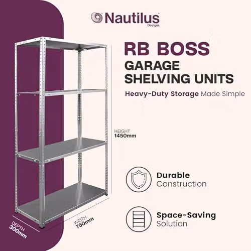 RB BOSS 4-Tier Bolted Garage Shelving Unit, Silver Galvanised Steel Racking, H 145 cm x W 75 cm x D 30 cm – 2