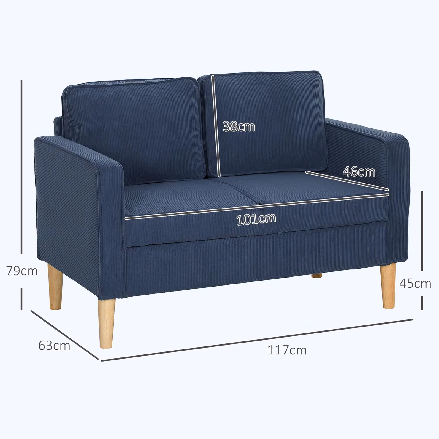 HOMCOM Compact 2 Seater Upholstered Sofa with Under Seat Storage in Blue – 3