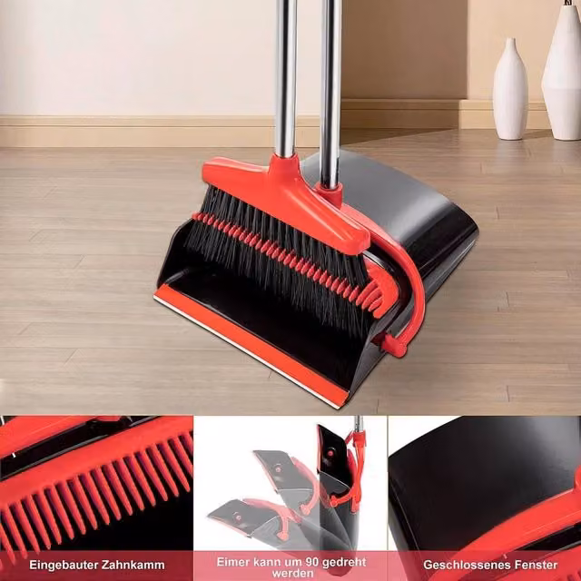 NESTLUNE Dustpan and Brush Set with Telescopic Aluminium Handle, Black, Height: 100 cm