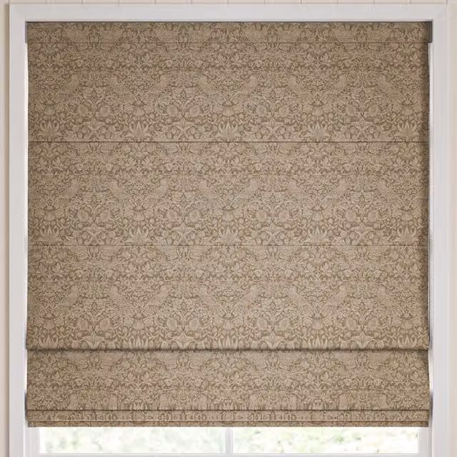 William Morris At Home Strawberry Thief Woven Blackout Roman Blind in Brown and Sand Floral Pattern