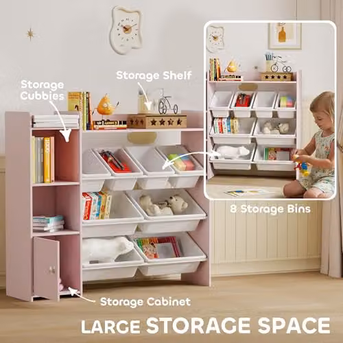 AIYAPLAY Toy Storage Unit with 8 Removable Bins in Pink, W/D/H: 100.0 x 30.0 x 112.5 cm – 2