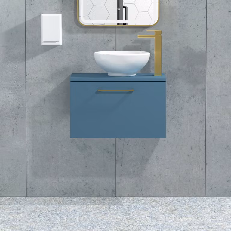 Royal Bathrooms Modena 800mm Wall Hung Vanity Unit in Satin Blue with 1 Drawer, Brushed Brass Handle and Countertop Basin