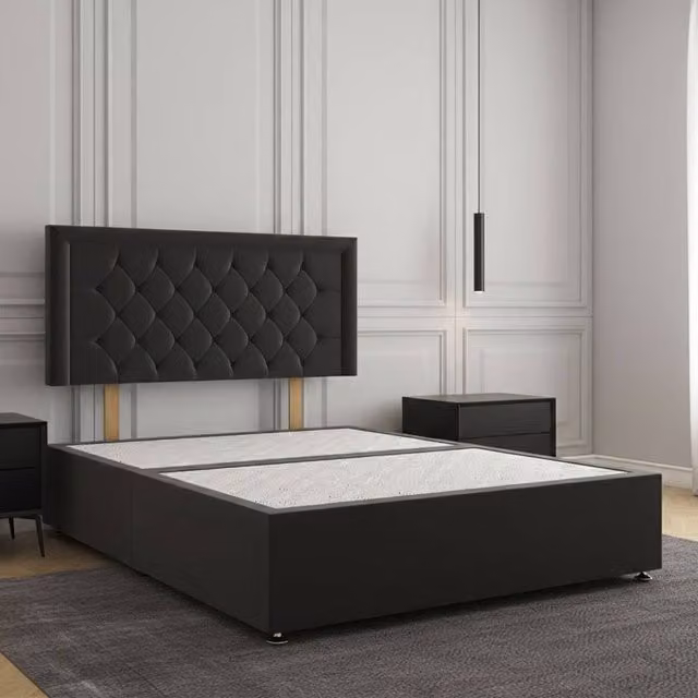 REGIONAL FURNISHINGS Plush Velvet Divan Bed Base with 24 Inch Headboard in Black, Small Double, W/D/H: 120 x 200 cm