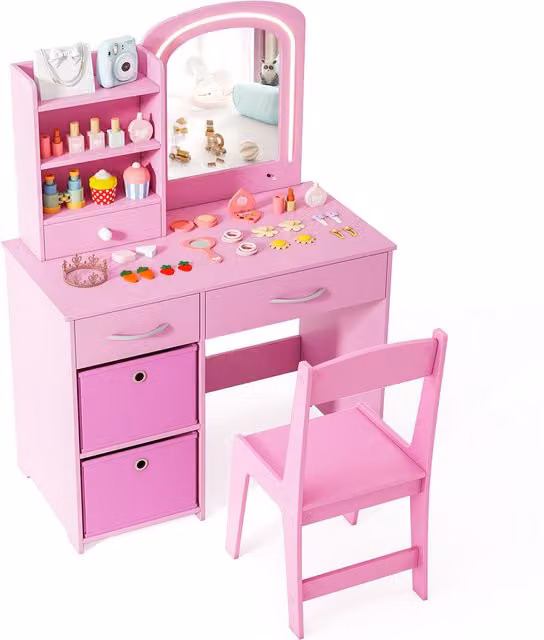 Costway Pink Childrens Hollywood LED Makeup Desk and Chair Set