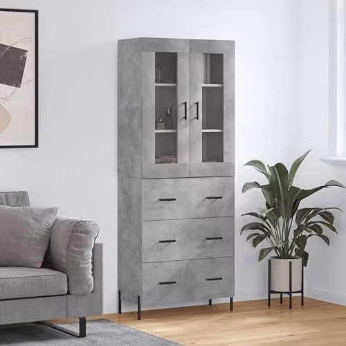 vidaXL Modern Highboard in Concrete Grey with Glass Doors and Internal Shelves, W/D/H: 69.5 x 34 x 180 cm – 2