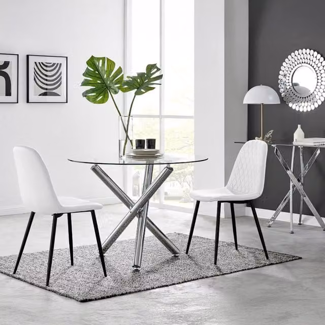 FurnitureboxUK Selina Round Glass Dining Table with Two Corona Black Leg Chairs in White