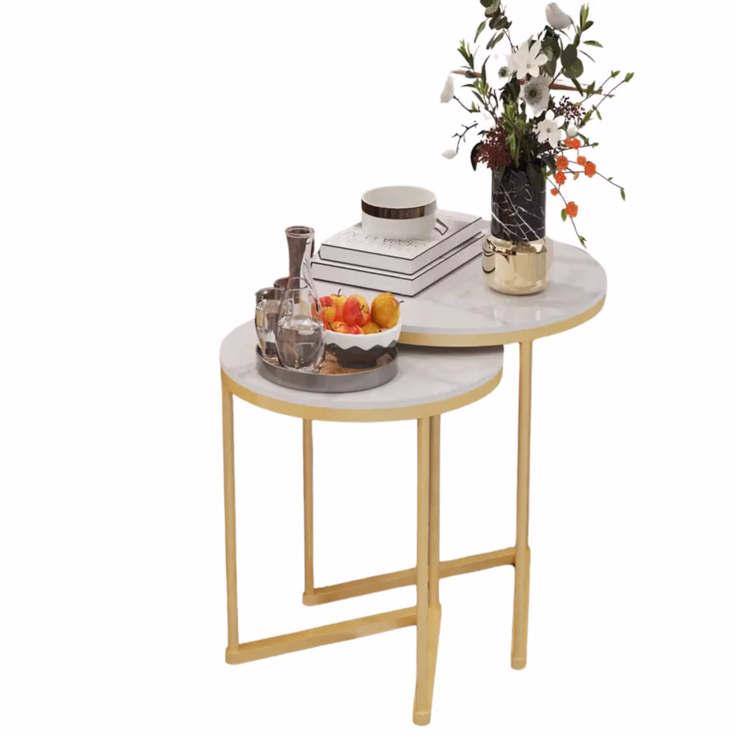 Pirlo Plush Set of 2 Round Nesting Tables in Gold and White with Ceramic Tops and Triangular Base – 2