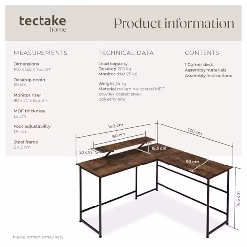 tectake Melrose Corner Desk with Movable Monitor Stand in Brown and Black, W/D/H: 140 x 130 x 76.5 cm – 3