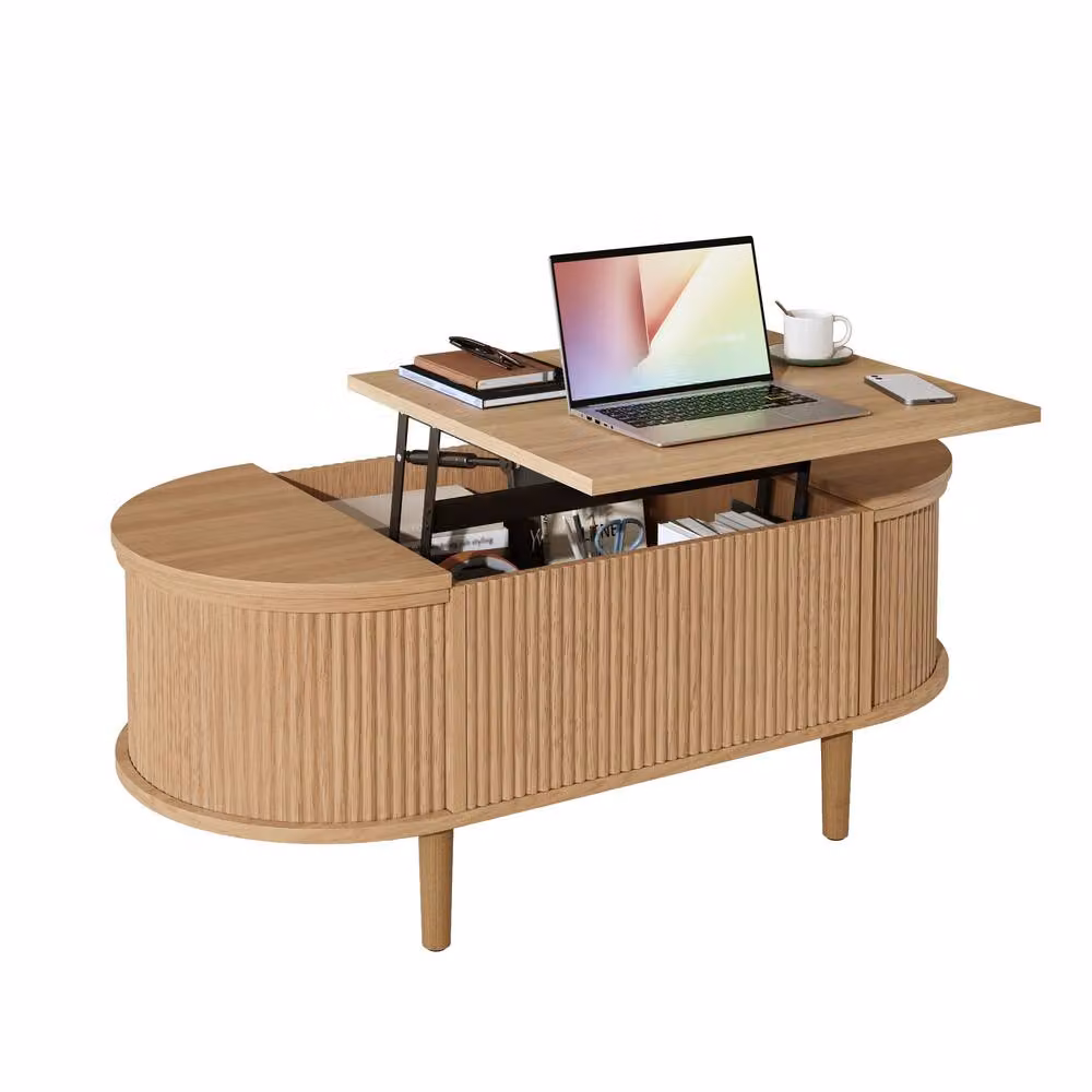 Rolipo Vintage Style Oval Adjustable Coffee Table with Storage and Wood Legs in Brown – 2