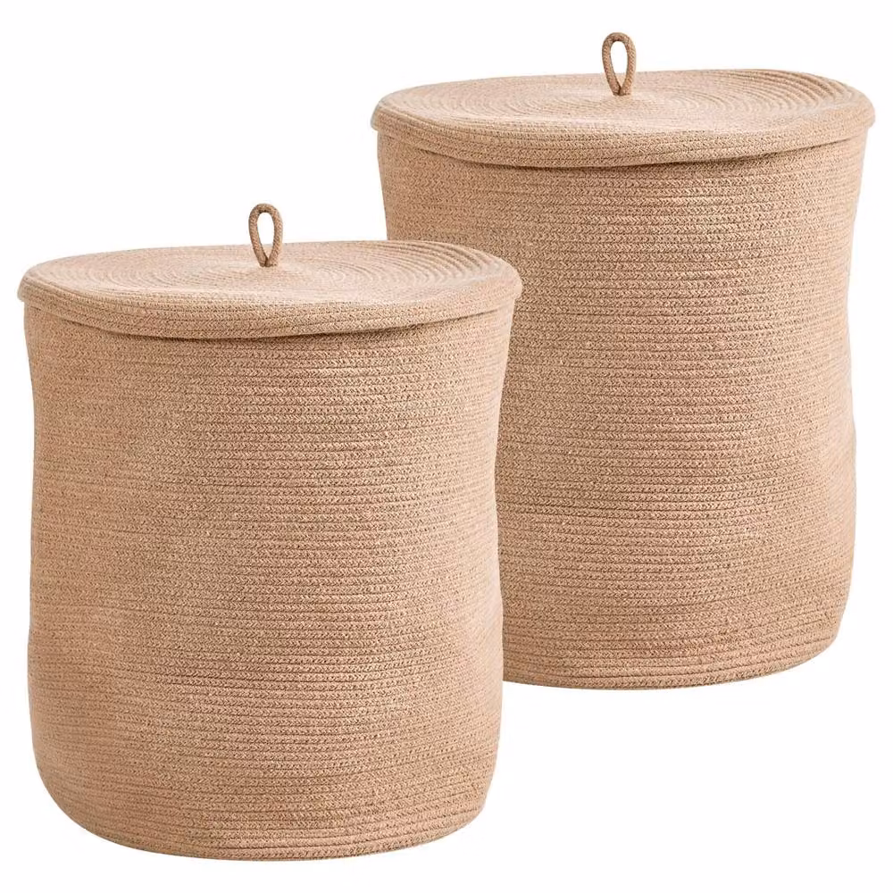 Wyld and Coco Boho Beige Cotton Laundry Basket Set of 2 with Lids – 2