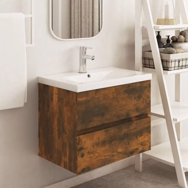 Berkfield Home Sink Cabinet in Smoked Oak Brown, W: 60 cm, D: 38.5 cm, H: 45 cm