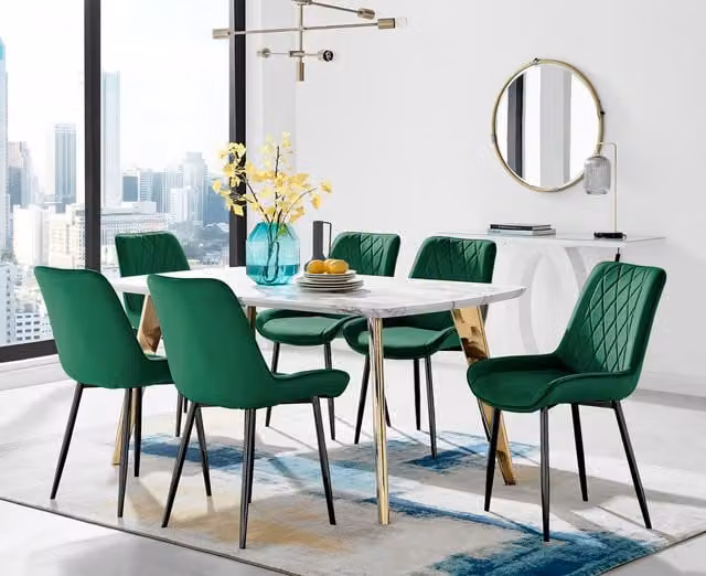 FurnitureboxUK Andria Green Marble Effect Dining Table with 6 Pesaro Black Leg Chairs and Gold Accents