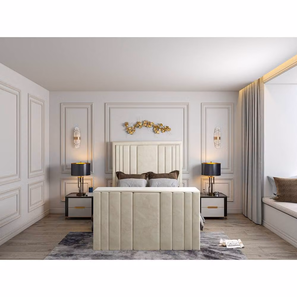 KDMD Atom Bespoke Upholstered Soft Velvet Bed Frame in Cream, Single W/D/H: 90 x 200 cm – 2