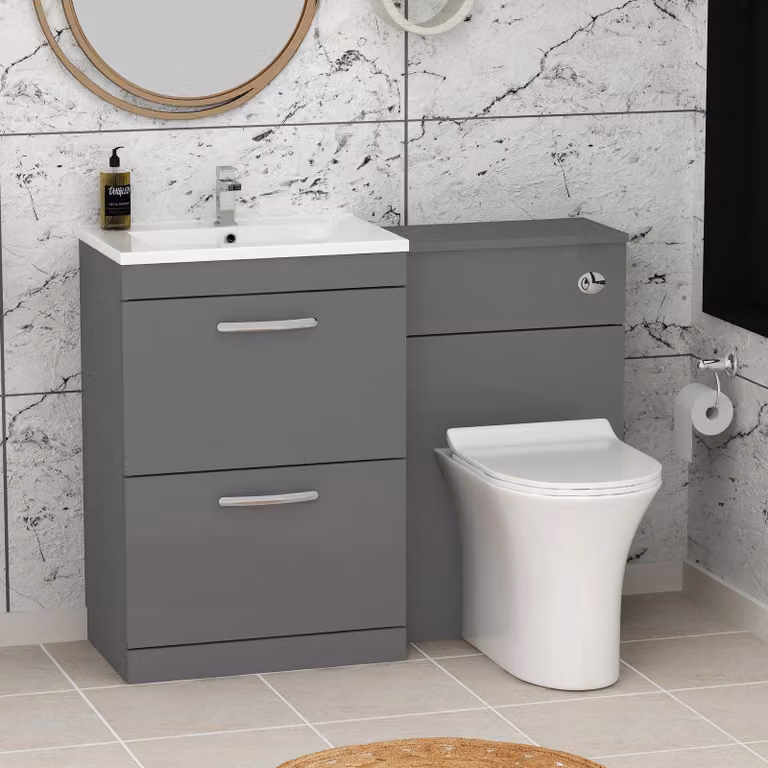 Royal Bathrooms Indigo Grey Gloss 2 Drawer Furniture Pack with Minimalist Basin and Slim Breeze Back to Wall Toilet, Width: 110 cm