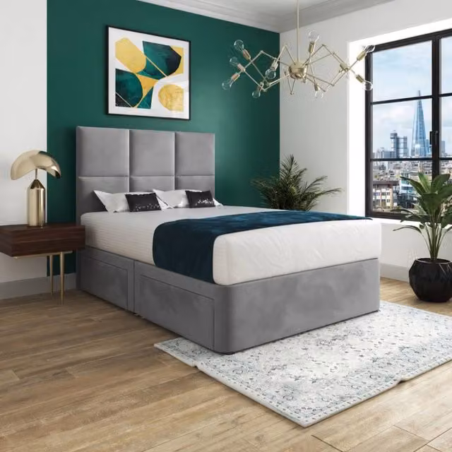 Casani Wolfforth Grey Upholstered Designer Divan Bed Frame with Floorstanding Headboard and Drawers, W/D/H: 90 x 190 x 137 cm – 1