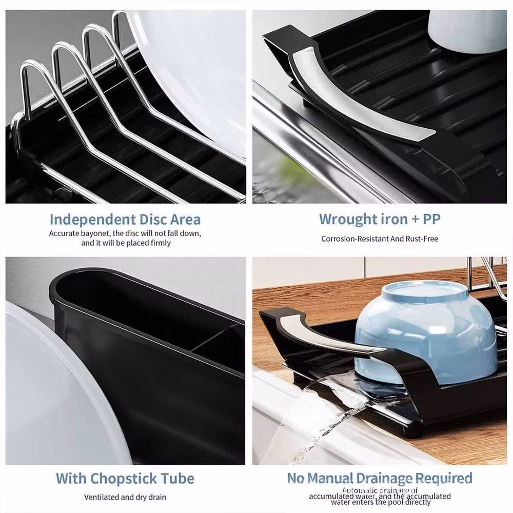 FLAVORA Black Expandable Small Dish Drying Rack with Cutlery Holder and Coated Steel Construction – 5