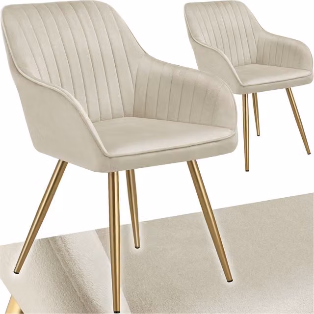 Tectake Marilyn Dining Chairs Set of 2, Modern Velvet Fabric in Beige and Gold with Metal Legs