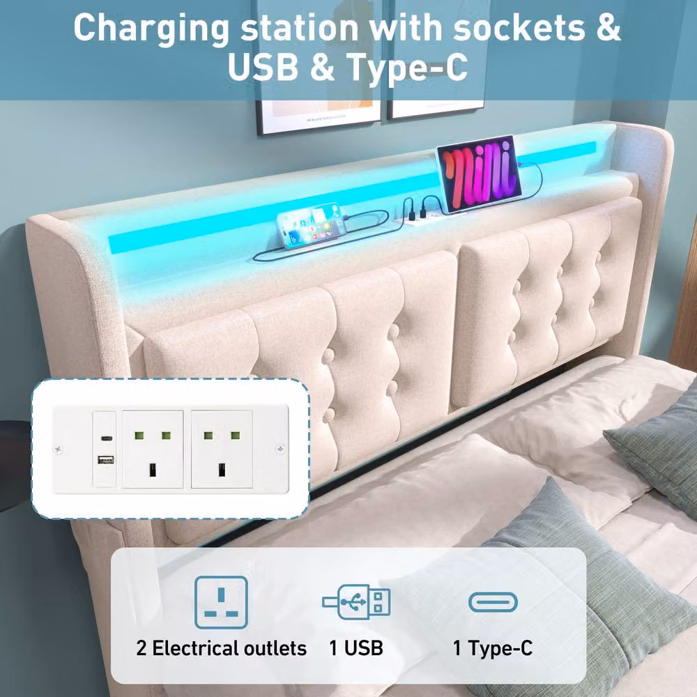 Rolipo Beige Linen Double Ottoman Storage Bed with LED Lighting and USB Charging Port, W/D/H: 140 x 200 x 135 cm – 3