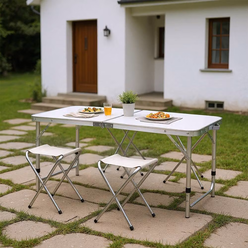 Living and Home Portable Folding Picnic Table and 4 Stools Set in White Powder Coated Aluminium – 2