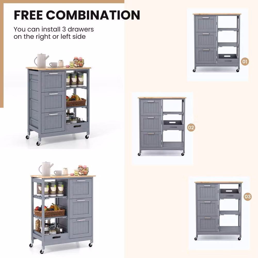 Gymax Grey 3-Drawer Kitchen Island Rolling Utility Cart with Lockable Wheels – 5