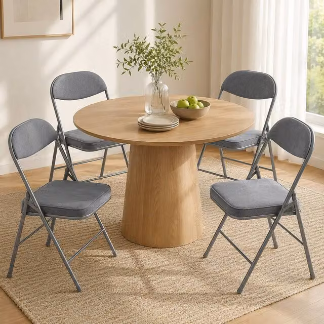 STILVORA Set of 4 Grey Corduroy Upholstered Folding Chairs with Metal Frame