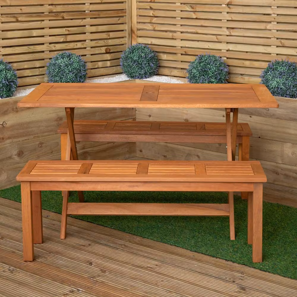 Samuel Alexander 4 Person Rectangular Wooden Garden Dining Table with 2 Benches in Brown – 2