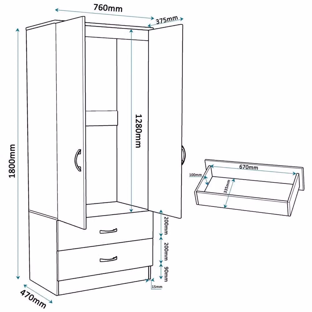 PAWNORA Modern Gloss Grey Bedroom Wardrobe with Hinged Doors and Drawers – 2