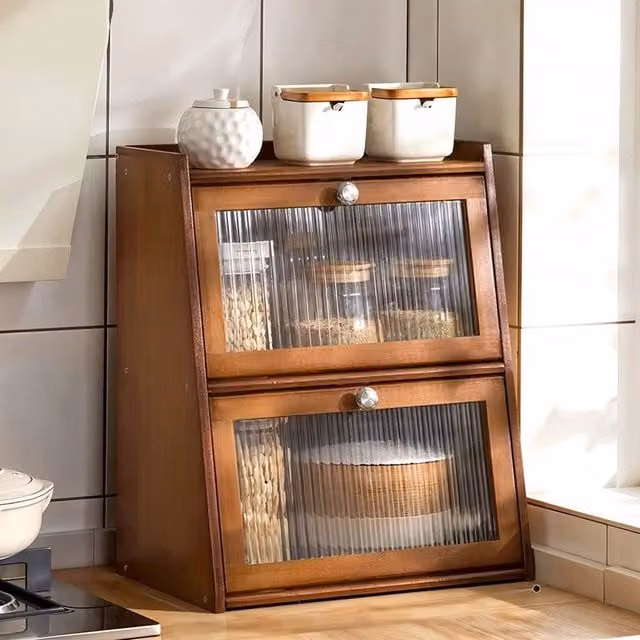 EONLION 3 Tier Bamboo and Wood Bread Box in Brown, W/D/H: 50.0 x 40.0 x 100.0 cm