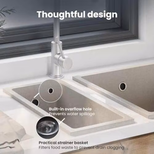 vidaXL Granite Composite Kitchen Sink in Beige, W/D/H: 44 x 21 x 14 cm – 4