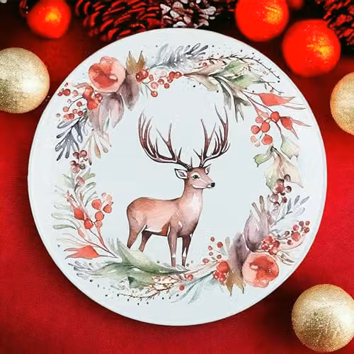 Purely Home Round Glass Worktop Protector with Non-Slip Feet, Deer Christmas Wreath Design, Multicolour and White, Diameter: 30 cm – 2