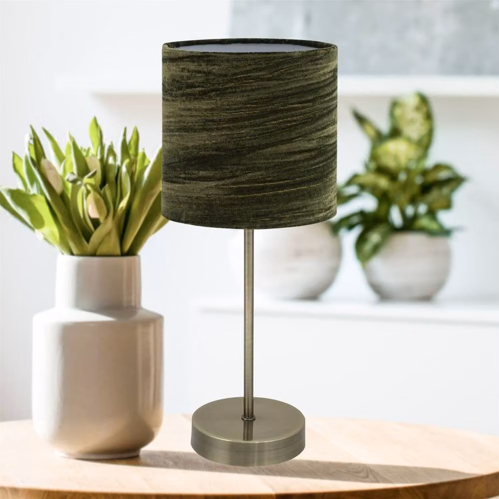 First Choice Lighting Antique Brass Stick Table Lamp with Green Fabric Shade – 2