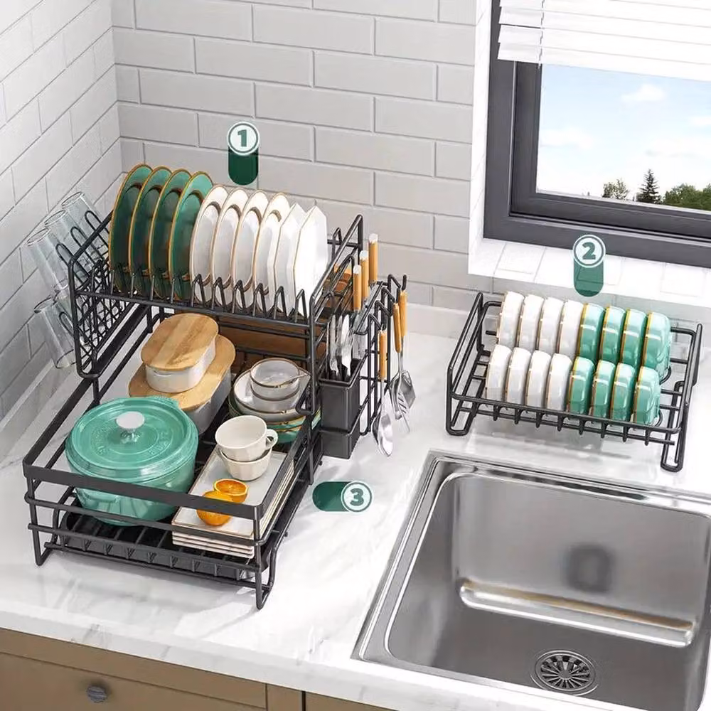 EONLION 3 Tier Kitchen Sink Dish Drainer Rack with Cutlery Holder and Drip Tray, Black – 3