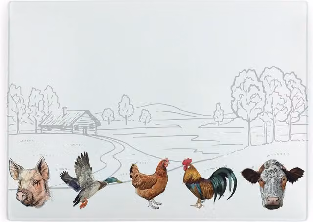 Purely Home Country Farm Animals Rectangular Glass Chopping Board in Multicolour