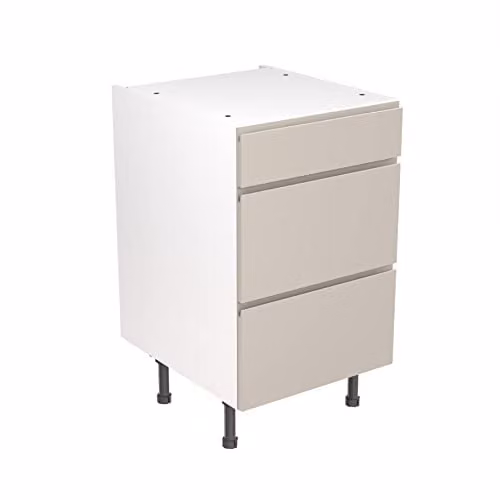 KITCHEN KIT Flatpack Base Cabinet with 3 Internal Drawers and J-Pull Doors, Light Grey Gloss, W: 50 cm, H: 87 cm, D: 57 cm