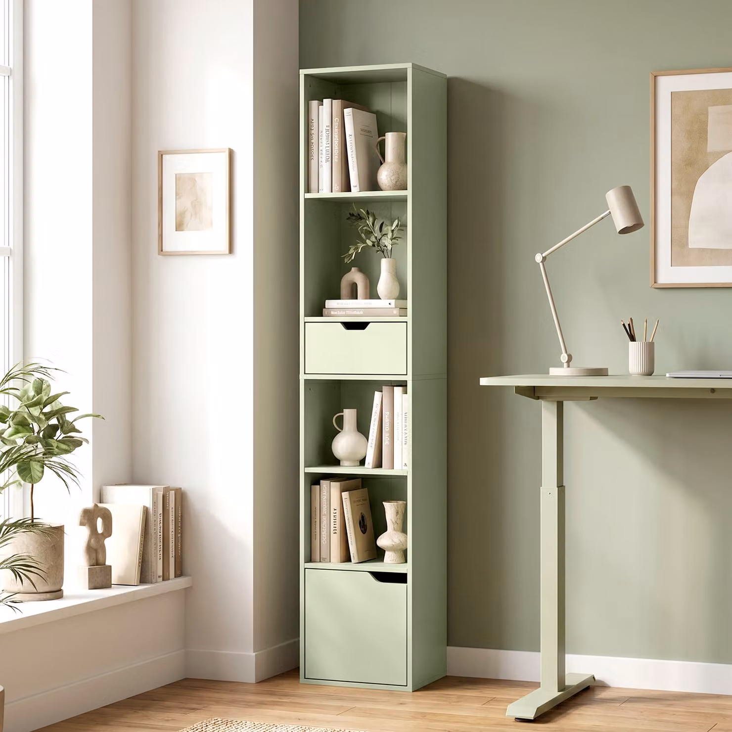 HOMCOM 6-Tier Tall Narrow Bookcase with Drawer and Door in Green – 2