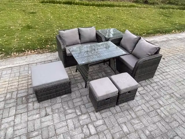 Fimous 7 Piece Grey Rattan Garden Furniture Set with 3 Footstools and Side Table