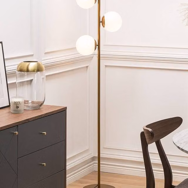 Wyld and Coco Gold and White Floor Lamp with Three Glass Shades – 1