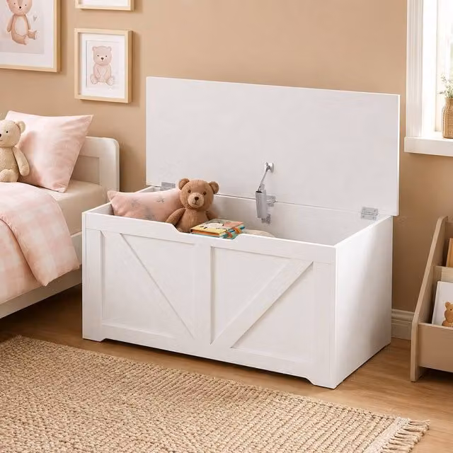 STILVORA White Glossy MDF Storage Box with Safety Hinge and Seat Top – 1