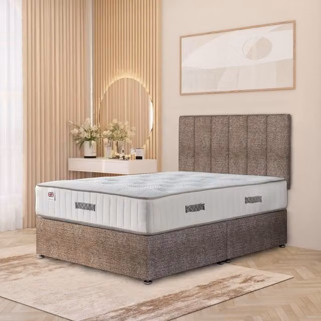 Somnior Beds Ltd Austin Tweed Fabric Orthopaedic Divan Storage Bed with Hybrid Mattress and 32 inch Headboard, Brown, W/D/H: 180 x 200 cm