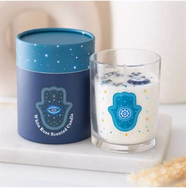 KDMD White Rose Hamsa Hand Votive Candle with Crystals and Blue Accents