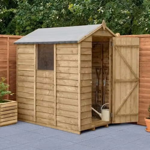 Forest Garden Apex Overlap Wooden Garden Shed with Window and Single Door in Green and Brown, W: 213.36 cm, D: 182.88 cm, H: 167 cm