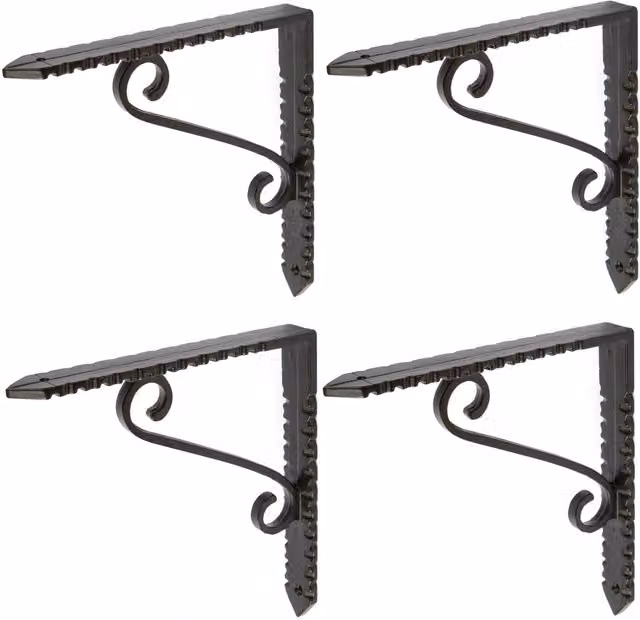 Hammer and Tongs Notched Scroll Iron Shelf Bracket, Pack of 4, Matt Black