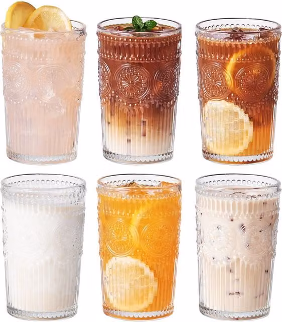 Eden & Willow Set of 6 Transparent Geometric Embossed Glass Tumbler Highball Drinking Glasses, Height: 27.0 cm