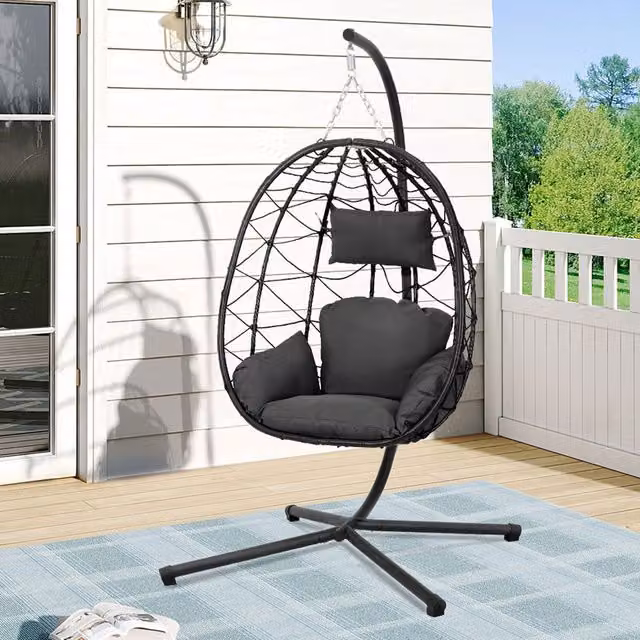 Breeins Grey Rattan Outdoor Hanging Chair with Stand, Cushion and Armrests