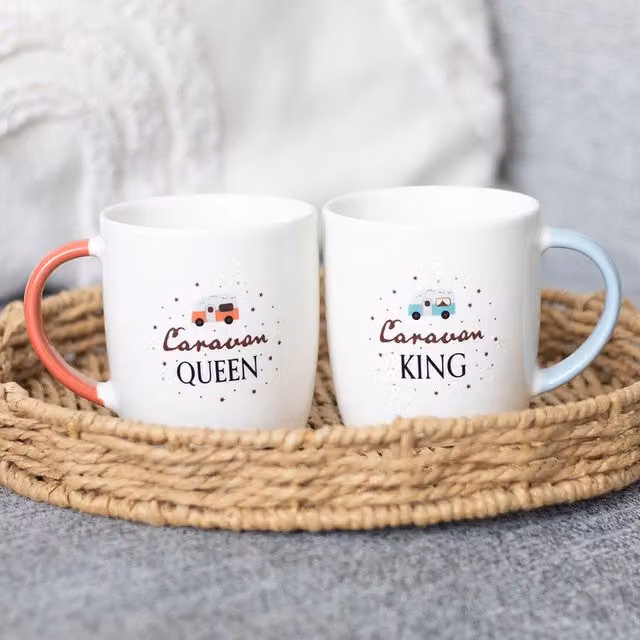 Kingsbury Gifts Caravan King and Caravan Queen Couples Ceramic Mug Set, White, 500ml